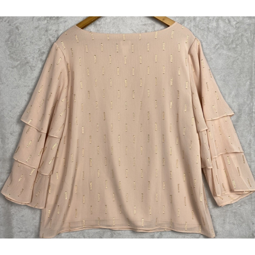 Chico's Womens Fairy Top Peach Gold Large 12 /2 Ruffles Sleeves Easter Blouse - Picture 2 of 7